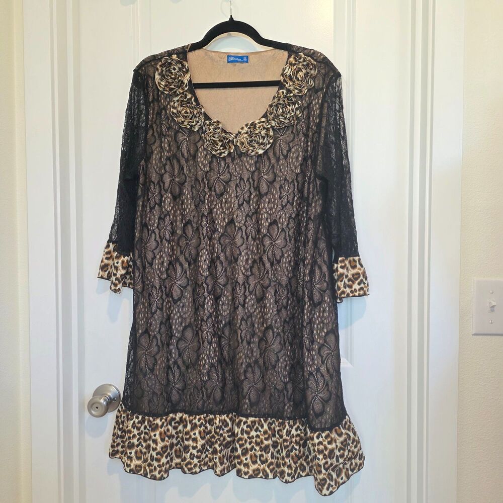 Aster by Firmiana Dress 3X Animal Print Rosette Artsy Bohemian Sheer Lace Plus